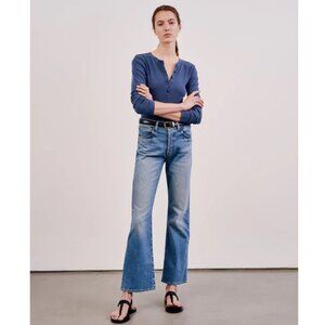 Nili Lotan Jordan Henley Top / Small / Marine Blue Ribbed Button Down Tee